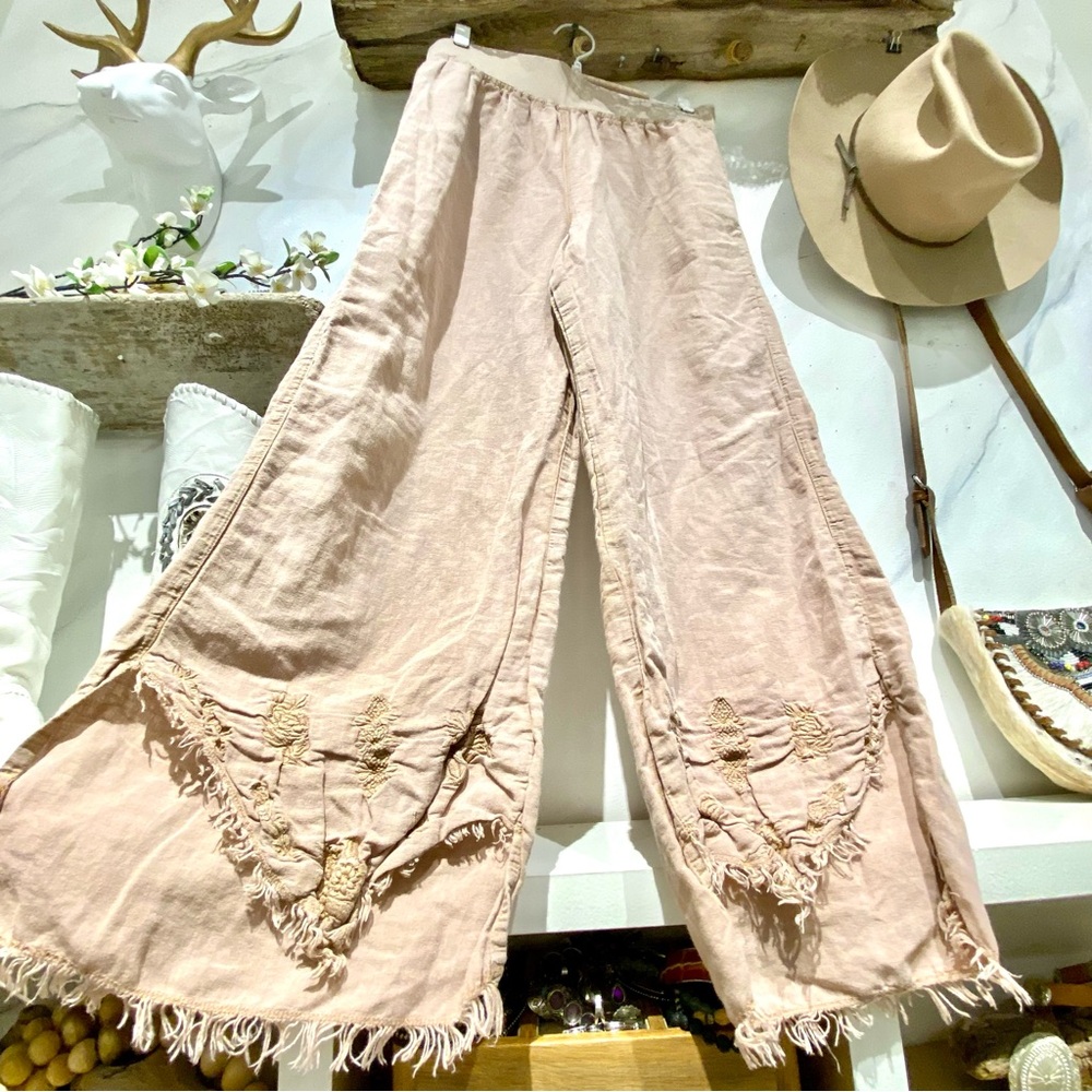 April Cornell Blush Fringe Wide-Leg Linen Pants